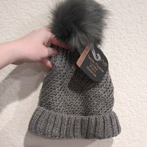 Apana Grey Teddy Fleece Lined Beanie with Pom
